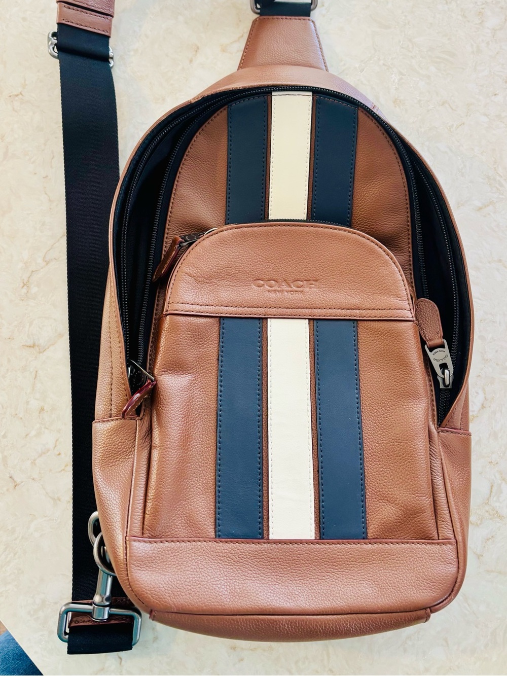 Coach Men’s Leather Backpack Bag in Brown with Navy & Cream Stripes